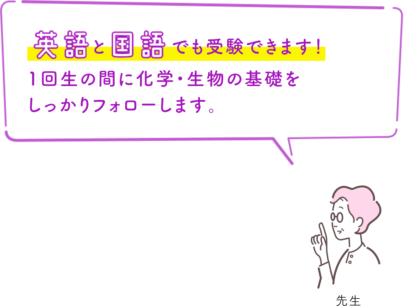 英語と国語でも受験できます！1回生の間に化学・生物の基礎をしっかりフォローします。